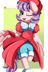 Size: 2350x3509 | Tagged: safe, artist:pridark, oc, oc only, pegasus, anthro, bow, clothes, dress, female, hat, high res, one eye closed, open mouth, patreon, patreon reward, shorts, solo, wink