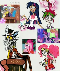 Size: 1747x2073 | Tagged: safe, artist:citi, screencap, discord, pinkie pie, spike, twilight sparkle, alicorn, human, pony, g4, what about discord?, back to the future, glowing hands, humanized, magic, pinkie mcpie, scene interpretation, screencap reference, spilled drink, telekinesis, traditional art, twilight sparkle (alicorn)