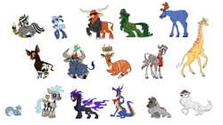 Size: 1920x1080 | Tagged: safe, artist:lindsay towns, artist:mane6, oc, oc:shorna, oc:turing test, bird, buffalo, bull, dog, dragon, giraffe, hybrid, kelpie, longma, moose, okapi, robot, sheep, squirrel, wolf, zebra, fanfic:the iron horse: everything's better with robots, them's fightin' herds, background character, bird house, bongo antelope, braid, brew, clothes, community related, dreadlocks, ear piercing, earring, hat, indian buffalo, jacket, jewelry, leather, leather jacket, necklace, not zecora, piercing, pirate hat, potion, ring, scarf, sunglasses