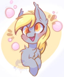 Size: 1095x1325 | Tagged: safe, artist:drawtheuniverse, derpy hooves, pony, g4, blushing, bubble, bust, cheek fluff, chest fluff, colored pupils, cute, derpabetes, ear fluff, female, mare, open mouth, smiling, solo