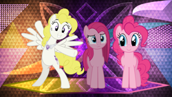 Size: 3840x2160 | Tagged: safe, artist:ace play, artist:arifproject, artist:istilllikegamecubes, artist:laszlvfx, edit, pinkie pie, surprise, pony, g4, my little pony: friendship is magic, princess twilight sparkle (episode), bipedal, element of laughter, high res, pinkamena diane pie, trinity pie, wallpaper, wallpaper edit