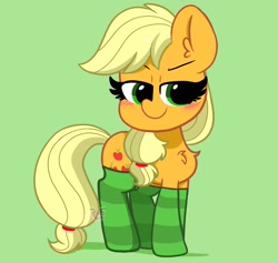 Size: 1900x1800 | Tagged: safe, artist:kittyrosie, applejack, earth pony, pony, g4, blushing, chest fluff, clothes, cute, ear fluff, female, green background, hatless, jackabetes, mare, missing accessory, simple background, socks, solo, striped socks