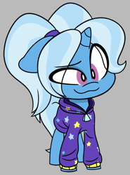 Size: 816x1104 | Tagged: safe, artist:ryuyo, trixie, pony, unicorn, g4, alternate hairstyle, babysitter trixie, clothes, cute, female, gray background, hoodie, simple background, smiling, solo