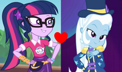 Size: 1003x588 | Tagged: safe, edit, edited screencap, screencap, sci-twi, trixie, twilight sparkle, equestria girls, equestria girls specials, g4, my little pony equestria girls: better together, my little pony equestria girls: spring breakdown, my little pony equestria girls: sunset's backstage pass, female, lesbian, ship:sci-twixie, ship:twixie, shipping, shipping domino