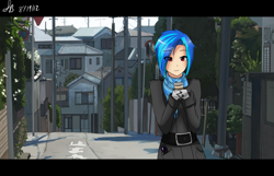 Size: 1397x900 | Tagged: safe, artist:sketchbookfim, artist:suketchib, dj pon-3, vinyl scratch, human, g4, city, coffee, female, humanized, mittens, scenery, solo