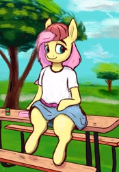 Size: 1335x1915 | Tagged: safe, artist:phutashi, fluttershy, semi-anthro, g4, 90s grunge fluttershy, arm hooves, backwards ballcap, baseball cap, belt, bench, cap, clothes, female, hat, human shoulders, looking at you, outdoors, park, shirt, sitting, skirt, smiling, soda can, solo, t-shirt, table, three quarter view, tree