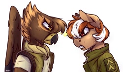 Size: 1163x687 | Tagged: safe, artist:lrusu, oc, oc only, oc:gabriela hawkins, oc:roulette, earth pony, griffon, anthro, fallout equestria, angry, clothes, female, frown, gritted teeth, intense stare, jacket, looking at each other, mare, rivalry, scarf, simple background, white background, wings
