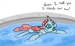 Size: 758x468 | Tagged: safe, artist:jargon scott, ocellus, changedling, changeling, g4, adorable distress, bugs doing bug things, cute, dialogue, diaocelles, female, floating, frown, hat, open mouth, simple background, solo, swimming cap, swimming pool, text, water, water strider, white background