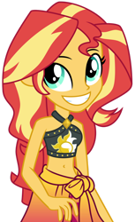 Size: 1024x1668 | Tagged: safe, artist:emeraldblast63, sunset shimmer, human, equestria girls, equestria girls series, forgotten friendship, g4, my little pony equestria girls: rainbow rocks, belly button, bikini, clothes, cute, female, grin, sarong, shimmerbetes, simple background, sleeveless, smiling, solo, sunset shimmer's beach shorts swimsuit, swimsuit, teeth, transparent background, vector