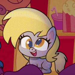 Size: 280x280 | Tagged: safe, screencap, derpy hooves, earth pony, pony, g4.5, my little pony: pony life, sportacular spectacular musical musak-ular, animated, animation error, blinking, cropped, cute, derpabetes, female, gif, mare, missing wing, sitting, smiling, solo, we shine brighter together, wingless, wingless derpy hooves