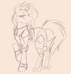 Size: 688x713 | Tagged: safe, artist:vidakadraws, oc, oc only, oc:azure, earth pony, pony, armor, army, body armor, bodysuit, camouflage, clothes, corporation, digital, digital art, female, in progress, logo, looking at you, mare, raised hoof, security armor, security guard, side view, simple background, sketch, soldier, soldier pony, suit, transparent, transparent background