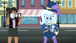 Size: 8000x4500 | Tagged: safe, artist:metalhead97, trixie, oc, oc:calypso kiosko, equestria girls, g4, street magic with trixie, spoiler:eqg series (season 2), camera, canterlot high, cap, clothes, commission, eyes closed, female, hat, hawaiian shirt, holding, leaning, library, magician, magician outfit, male, outfit, shirt, shorts, show accurate, top hat