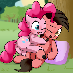 Size: 2000x2000 | Tagged: safe, artist:vipy, pinkie pie, oc, oc:ace play, earth pony, pony, g4, butt, canon x oc, cuddling, female, high res, male, mare, pinkieplay, plot, shipping, stallion, straight