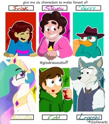 Size: 700x800 | Tagged: safe, artist:gio-drawnstuff, princess celestia, alicorn, gem (race), human, hybrid, platypus, pony, wolf, anthro, g4, spoiler:steven universe, anthro with ponies, arm behind head, beastars, bust, clothes, crossover, cup, edd gould (eddsworld), eddsworld, eyelashes, eyes closed, female, frisk, hat, jewelry, legosi (beastars), male, mare, necktie, perry the platypus, peytral, phineas and ferb, signature, six fanarts, smiling, spoilers for another series, steven quartz universe, steven universe, steven universe future, tiara, undertale