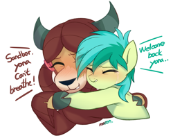Size: 4200x3343 | Tagged: safe, artist:maren, sandbar, yona, earth pony, pony, yak, g4, blushing, crying, eyes closed, female, hug, interspecies, larger female, male, ship:yonabar, shipping, simple background, size difference, smaller male, stallion, straight, teary eyes, white background