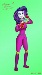 Size: 6124x10887 | Tagged: safe, alternate version, artist:fernandojc-draftsman, rarity, equestria girls, g4, boots, clothes, colored, eyelashes, female, gloves, grin, gun, lipstick, makeup, shoes, signature, smiling, solo, weapon
