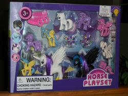 Size: 3536x2666 | Tagged: safe, derpibooru exclusive, fluttershy, nightmare moon, pinkie pie, princess cadance, princess celestia, queen chrysalis, rainbow dash, rarity, twilight sparkle, g4, bootleg, chinese knock-off, female, high res, horse playset, photo, toy
