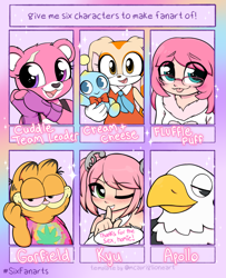 Size: 2433x3000 | Tagged: safe, artist:moozua, oc, oc:fluffle puff, bear, bird, cat, chao, eagle, fairy, human, rabbit, anthro, :p, animal, animal crossing, apollo (animal crossing), blushing, bust, cheese the chao, clothes, cream the rabbit, crossover, cuddle team leader, female, fingerless gloves, fortnite, garfield, garfield (character), glasses, gloves, heart eyes, high, high res, humanized, huniepop, kyu sugardust, male, one eye closed, open mouth, shhh, six fanarts, smiling, sonic the hedgehog (series), stoned, tongue out, waving, wingding eyes, wink