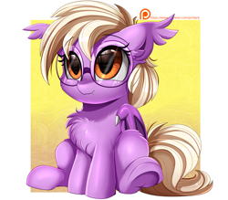 Size: 2909x2550 | Tagged: safe, artist:pridark, oc, oc only, oc:pinkfull night, bat pony, pony, age regression, bat pony oc, bat wings, chest fluff, cute, ear fluff, fangs, female, filly, freckles, glasses, high res, ocbetes, patreon, patreon logo, patreon reward, sitting, smiling, solo, weapons-grade cute, wings
