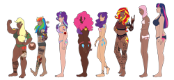 Size: 4621x2128 | Tagged: safe, artist:snows-undercover, applejack, fluttershy, pinkie pie, rainbow dash, rarity, starlight glimmer, sunset shimmer, twilight sparkle, human, g4, alternate hairstyle, applejack's hat, barefoot, bedroom eyes, belly button, belly piercing, bellyring, belt, black underwear, bra, bra strap, breasts, chubby, clothes, commission, cowboy hat, crop top bra, dark skin, ear piercing, earring, eyebrow piercing, feet, female, green underwear, grin, hat, headcanon, hijab, humanized, islam, islamashy, jewelry, lip piercing, mane six, nail polish, nose piercing, panties, pants, piercing, pink underwear, purple underwear, red underwear, religion, simple background, size difference, smiling, snake bites, sports bra, sports panties, tattoo, tongue piercing, transparent background, underwear, wall of tags