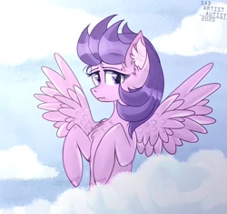 Size: 1700x1600 | Tagged: safe, artist:lichy_fantom, clear skies, pegasus, pony, g4, :s, chest fluff, cloud, ear fluff, female, looking at you, mare, sky, solo, spread wings, wavy mouth, wings
