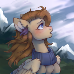 Size: 4000x4000 | Tagged: safe, artist:argigen, oc, oc only, oc:lena, pegasus, pony, clothes, freckles, mountain, scarf, scenery, solo, windswept mane