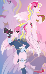 Size: 4392x7141 | Tagged: safe, artist:raspberrystudios, oc, oc only, oc:aurelia charm, alicorn, anthro, alicorn oc, final space, gun, horn, multicolored mane, raspberry, redesign, scar, spacesuit, tongue out, weapon, wings, zoom layer