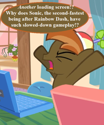 Size: 540x649 | Tagged: safe, artist:jan, edit, button mash, don't mine at night, g4, computer, cropped, curtains, flower, frustrated, hat, implied rainbow dash, ironic, irony, laptop computer, propeller hat, sonic 06, sonic the hedgehog (series), speech, speech bubble, talking