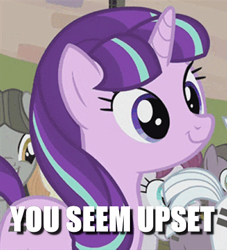 Size: 400x441 | Tagged: safe, edit, edited screencap, screencap, starlight glimmer, g4, the cutie map, caption, cropped, egalitarianism, female, image macro, s5 starlight, solo focus, text, you seem upset