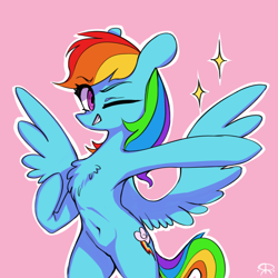 Size: 2000x2000 | Tagged: safe, artist:redruin01, rainbow dash, pegasus, pony, g4, belly button, chest fluff, cute, female, high res, pointing, simple background, solo