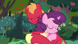 Size: 1920x1080 | Tagged: safe, screencap, big macintosh, sugar belle, earth pony, pony, unicorn, g4, the big mac question, apple, apple tree, cute, daaaaaaaaaaaw, duo, duo male and female, female, hug, macabetes, male, mare, ship:sugarmac, shipping, stallion, straight, sugarbetes, tree