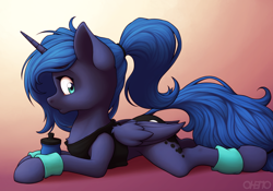 Size: 4000x2800 | Tagged: safe, artist:ohemo, princess luna, alicorn, pony, g4, alternate hairstyle, big ears, bottomless, chest fluff, clothes, female, leg warmers, looking at you, lying down, mare, partial nudity, ponytail, prone, s1 luna, shirt, solo, water bottle