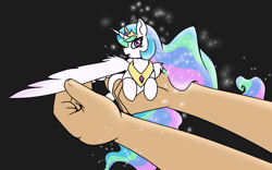 Size: 1280x800 | Tagged: safe, artist:wirlog, princess celestia, alicorn, human, pony, g4, behaving like a bird, birb, black background, cute, cutelestia, female, holding a pony, in goliath's palm, looking at you, mare, micro, offscreen character, one wing out, open mouth, ponified animal photo, simple background, solo focus, sparkles, spread wings, tiny, tiny ponies, wing fluff, wings