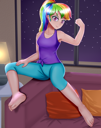 Size: 1500x1900 | Tagged: safe, alternate version, artist:focusb, rainbow dash, human, g4, alternate hairstyle, armpits, barefoot, clothes, feet, female, flexing, humanized, lamp, leggings, looking at you, night, pillow, ponytail, sexy, shorts, sitting, sleeveless, smiling, solo, stars, stupid sexy rainbow dash, tank top