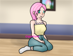 Size: 1958x1500 | Tagged: dead source, safe, artist:gunkye, fluttershy, human, g4, clothes, female, humanized, looking at you, sitting, smiling, socks, solo