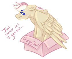 Size: 2490x2046 | Tagged: safe, artist:cookiedoart, oc, oc only, oc:cornetto, pegasus, pony, box, commission, cute, dialogue, grumpy, high res, horny jail, male, pony in a box, simple background, solo, text, transparent background, wings, ych result
