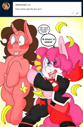 Size: 1477x2245 | Tagged: safe, artist:blackbewhite2k7, pinkie pie, oc, oc:banana pie, g4, ask, banana, bipedal, chest fluff, clothes, corset, costume, crossover, excited, food, harley quinn, lifting, makeup, parody, silly