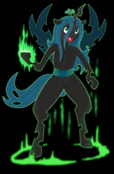 Size: 838x1280 | Tagged: safe, artist:wangkingfun, queen chrysalis, changeling, changeling queen, semi-anthro, g4, arm hooves, crown, female, horn, jewelry, mare, open mouth, regalia, simple background, solo