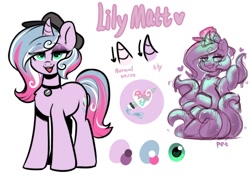 Size: 1375x1024 | Tagged: safe, artist:lmatt233, oc, oc only, oc:lily matt, pony, unicorn, cap, choker, crossed legs, curved horn, female, gradient mane, green eyes, hat, heart, heart eyes, horn, lavender coat, mare, multicolored mane, purple coat, reference sheet, simple background, sitting, smiling, solo, standing, striped mane, tentacles, wingding eyes
