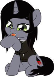Size: 3521x5000 | Tagged: safe, alternate version, artist:jhayarr23, part of a set, pony, unicorn, behaving like a cat, clothes, commission, disguise, disguised siren, fangs, fluffy, grooming, happy, hoof licking, horn, jewelry, kellin quinn, licking, male, necklace, ponified, shirt, simple background, sitting, sleeping with sirens, slit pupils, solo, stallion, t-shirt, tongue out, transparent background, vector, ych result