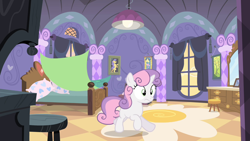 Size: 1280x720 | Tagged: safe, screencap, sweetie belle, pony, unicorn, for whom the sweetie belle toils, g4, banner, bed, bedroom, blank flank, blanket, box, carousel boutique, curtains, dresser, female, lamp, light, lightbulb, mirror, picture frame, pillow, poster, rug, running, solo, stool, sweetie belle's bedroom, window, worried