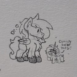 Size: 1662x1662 | Tagged: safe, artist:drheartdoodles, oc, oc only, oc:dr.heart, oc:morokei, clydesdale, pegasus, pony, unicorn, :p, blind, blindfold, chest fluff, chibi, size difference, tongue out, traditional art