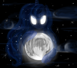 Size: 2800x2500 | Tagged: safe, artist:wourdeluck, princess luna, alicorn, pony, g4, female, glowing eyes, high res, mare, moon, night, solo, stars, tangible heavenly object, white eyes