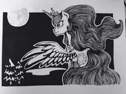 Size: 960x719 | Tagged: safe, artist:wourdeluck, princess celestia, alicorn, pony, g4, female, grayscale, mare, mare in the moon, monochrome, moon, night, solo, traditional art