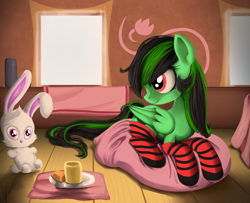 Size: 1600x1300 | Tagged: safe, artist:wourdeluck, oc, oc only, pegasus, pony, rabbit, animal, clothes, pillow, plushie, socks, solo, striped socks