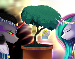 Size: 3200x2500 | Tagged: safe, artist:selena9966, idw, king sombra, princess celestia, pony, g4, always, bonsai, colored horn, curved horn, cyrillic, eye mist, female, good king sombra, high res, horn, male, no mouth, russian, ship:celestibra, shipping, sombra eyes, sombra horn, straight, tanabata