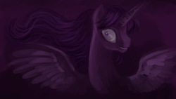 Size: 1280x720 | Tagged: safe, artist:wourdeluck, oc, oc only, alicorn, pony, fallout equestria, alicorn oc, dark, horn, not twilight sparkle, purple alicorn (fo:e), shrunken pupils, solo, windswept mane, wings