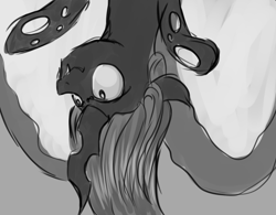 Size: 1148x894 | Tagged: safe, artist:wourdeluck, queen chrysalis, changeling, changeling queen, g4, to where and back again, cocoon, female, grayscale, monochrome, queen twistalis, scene interpretation, sketch, solo, upside down