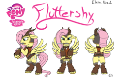 Size: 1388x900 | Tagged: safe, artist:clawshawt, fluttershy, pegasus, pony, g4, angry face, armor, barbarian, female, helmet, knife, mare, mouth hold, rearing, reference sheet, simple background, spread wings, tail wrap, white background, wings