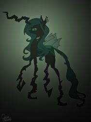 Size: 1536x2048 | Tagged: safe, artist:oswinoswaldart, queen chrysalis, changeling, changeling queen, g4, concave belly, crown, female, horn, jewelry, long horn, long legs, profile, regalia, solo, stylized